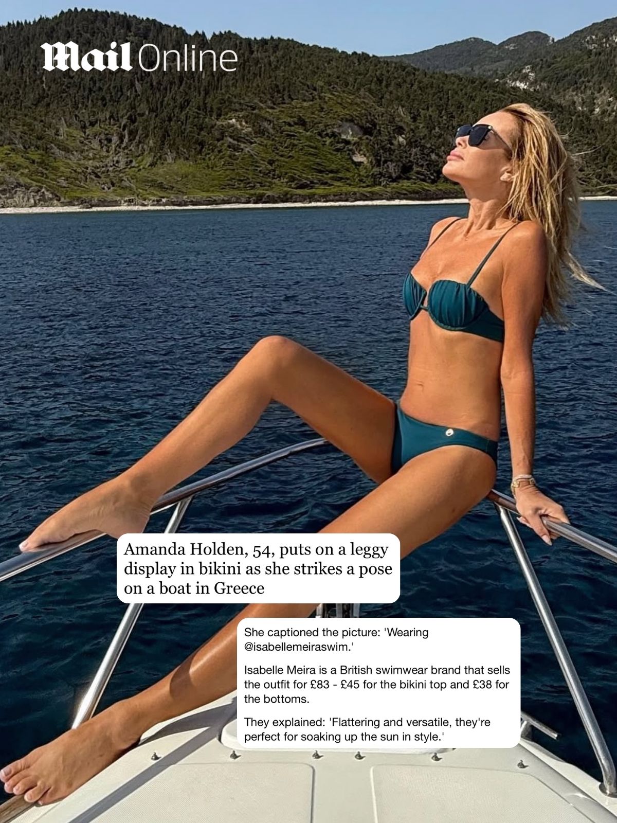 Amanda Holden, 54, puts on a leggy display in bikini as she strikes a pose on a boat in Greece